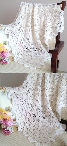 two pictures of a crocheted blanket on a chair with flowers in the background