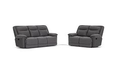 two grey reclining chairs sitting next to each other