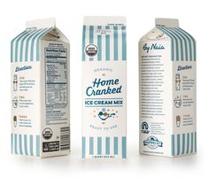 three cartons of ice cream milk on a white background with blue and white stripes