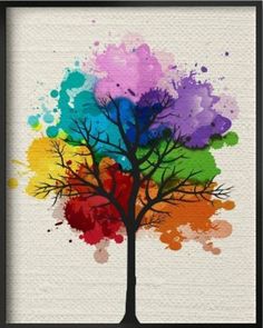 a colorful tree with watercolor splashs on it's branches is shown in a black frame