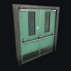 a green door with two windows on each side and a yellow triangle sticker on the bottom