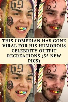 a man with some tattoos on his face and the caption reads, this bohemian has gone viral for his humorous celebrity outfit creations 35 new pics