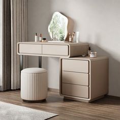 a white vanity with two drawers and a mirror on the wall next to a stool