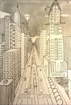 a drawing of a city street with cars and hot air balloons