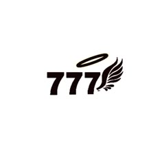 the 777 logo is shown in black and white with an angel's wing