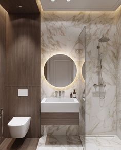 a modern bathroom with marble walls and flooring