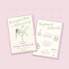 two wedding cards with the words margaritas and wine glasses on them, one in pink