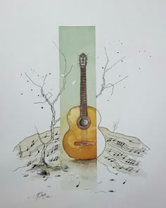 a painting of an acoustic guitar sitting on top of sheet music notes next to a tree