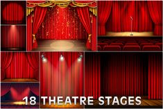 theater stage with red curtains and spotlights, set of eight different views from the stage