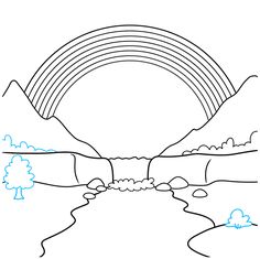 a drawing of a rainbow with mountains in the background