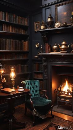 a room with a chair, fireplace and bookshelves