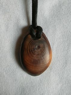 a wooden object is hanging on a black cord