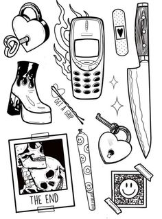 a black and white drawing of various items that are in the shape of a phone