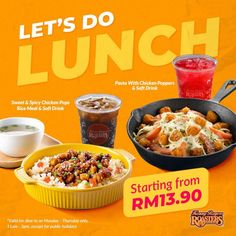 an advertisement for a restaurant called let's do lunch, featuring various dishes and drinks