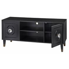 a black entertainment center with two doors and three knobs on the front, one door open