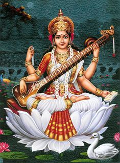 the hindu goddess sitting on top of a lotus with her guitar in her hand and water flowing