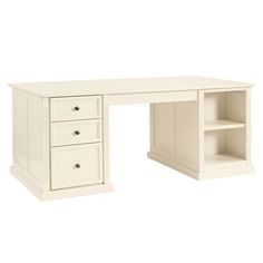 a white desk with two drawers and shelves on it's sides, against a white background