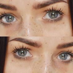 two pictures of the same woman's blue eyes