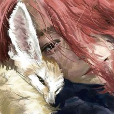 a painting of a woman with red hair holding a white fox