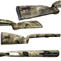 three different types of hunting knifes with camouflage patterns and black handles on white background