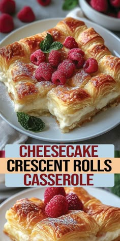 cheesecake crescent rolls casserole with raspberries on top