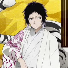 an anime character with black hair wearing a kimono in front of a yellow background