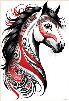 a horse's head with red, black and white swirls on the side