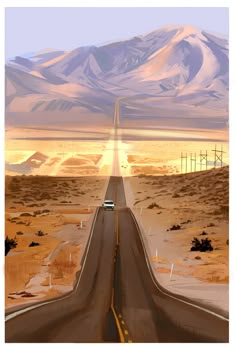 a car driving down an empty road in the desert