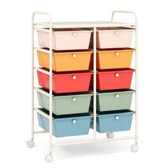 a white cart filled with lots of different colored bins on top of each other