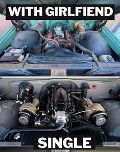 two pictures with the same engine on each side, and one has an image of a car