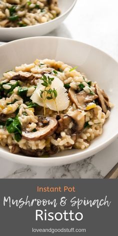 mushrooms and spinach risotto in a white bowl