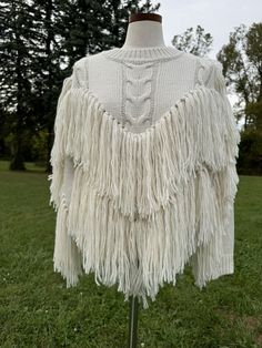 NEW Hot & Delicious White Fringe Knit Sweater Western Boho Fall Autumn  | eBay Bohemian Knit Sweater With Fringe, Beige Fringe Casual Sweater, Beige Long Sleeve Sweater With Fringe, Knit Long Sleeve Outerwear With Fringe, Frindge Sweater, White Fringe, Fringe Sweater, Western Outfits Women, Western Boho