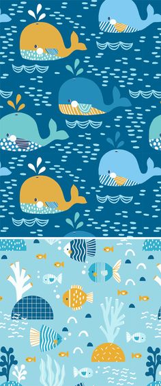 two different images of whales and fish in the ocean, one is blue and yellow