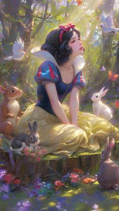 snow white sitting on a bench surrounded by rabbits