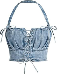 BEAUDRM Women's Lace Up Sleeveless Backless Denim Tank Top Bow Summer Casual Denim Tops Halter Crop Top Denim Tank, Tie Women, Halter Crop Top, Party Tops, Washed Denim, Casual Denim, Women Lace