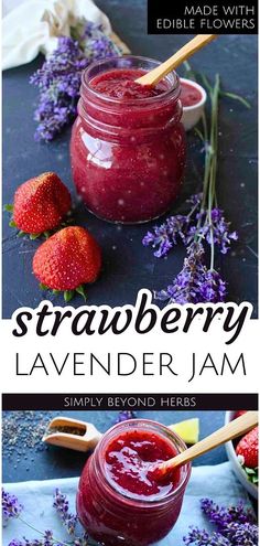 strawberry lavender jam in a jar with strawberries on the side and text overlay