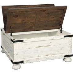 an old wooden chest with two doors and wheels on the bottom, sitting against a white background