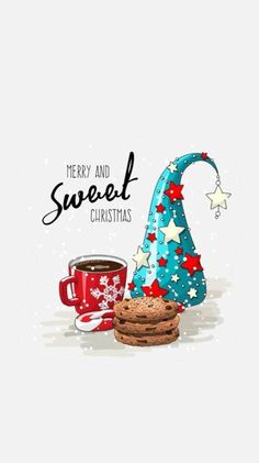 merry and sweet christmas greeting card with cookies, coffee cup and santa's hat