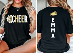 Glitter Cheer Shirt,Cheer Squad Shirts, Cheer Team Shirts,Cheerleader Shirt,Custom Name,Cheerleader Gift,Cheer Tees,Cheer Shirt,Cheer Spirit This fun Cheer tee is perfect to wear for any game or cheer competition. This Bella Canvas tee is soft and great for everyday wear.  ♥ How To Order: ♥ HOW TO Order: 1) Select Shirt STYLE and COLOR from 1st drop down (see charts in pictures for options of colors for each style) 2) Choose the SHIRT SIZE from the 2nd drop down (see measurement charts in pictur Sublimation Cheer Shirts, Elementary Cheer Shirts, Cheer Camp Shirt Ideas, Cheer Team Shirts Design, Cheer Squad Shirts, Cheer Shirts Designs Spirit Wear, Cheer Shirt Ideas, Cheer Shirts Designs, Cheer Tshirt Designs