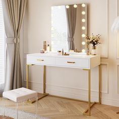 a dressing table with lights on it and a stool in front of the mirror that is next to it