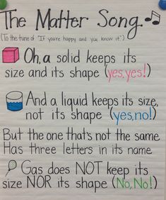 a piece of paper with writing on it that says, the matter song oha solid keeps its size and its shape yes yes yes