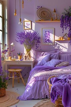 a purple bedroom with wicker baskets and lavender flowers on the bed, along with other decor items