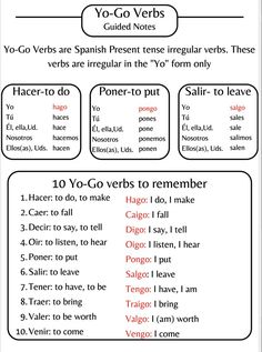 Spanish Conjugations, Guided notes + Worksheet on Yo-Go verbs How To Tell Time In Spanish, Spanish Practice Worksheets, Spanish Notes, Spanish Practice, Basic Spanish