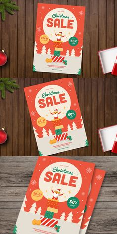 three christmas sale flyers with presents on them