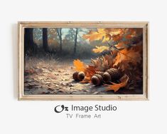 an oil painting of leaves and acorns laying on the ground