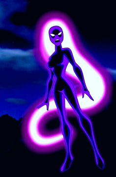 an animated image of a purple alien standing in front of a full moon