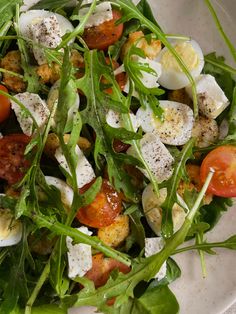 a salad with tomatoes, mozzarella and other toppings