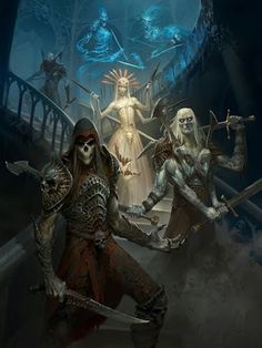 an image of some people with swords in their hands and skeletons on the ground behind them