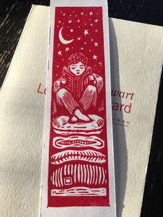 Bookmark made and designed in house in linocut. Dimensions: approximately 6cm x 20cm Colors: Red - Black Linocut Business Card, Lino Bookmark, Linocut Bookmark, Bookmark Design Ideas, Linocut Stamps, Tree Bookmark, Bookmark Print, Bookmarks Ideas, Bookmark Design