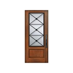 a wooden door with glass panels on the top and bottom panel, against a white background